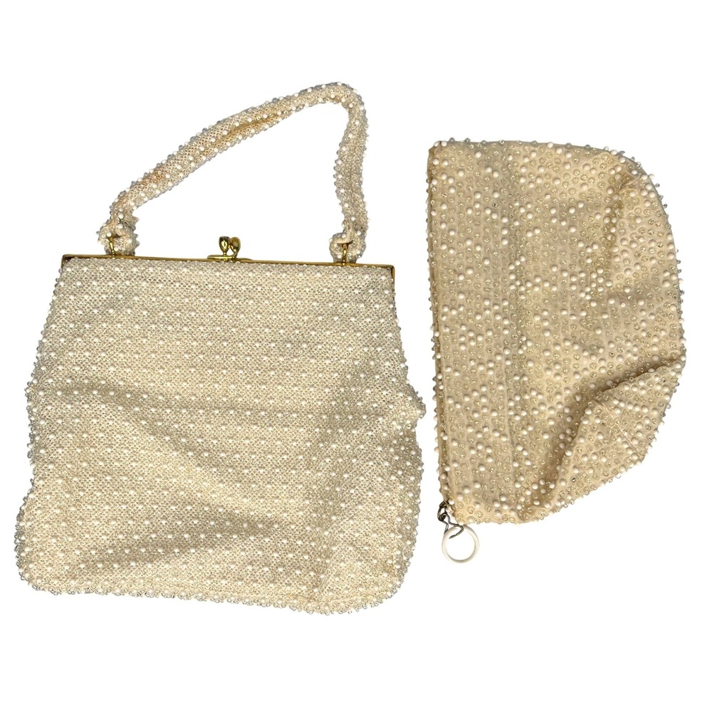 1950s Vintage Corde-Bead Pearl Beaded Wrist Bag Makeup Clutch Set Lumered USA